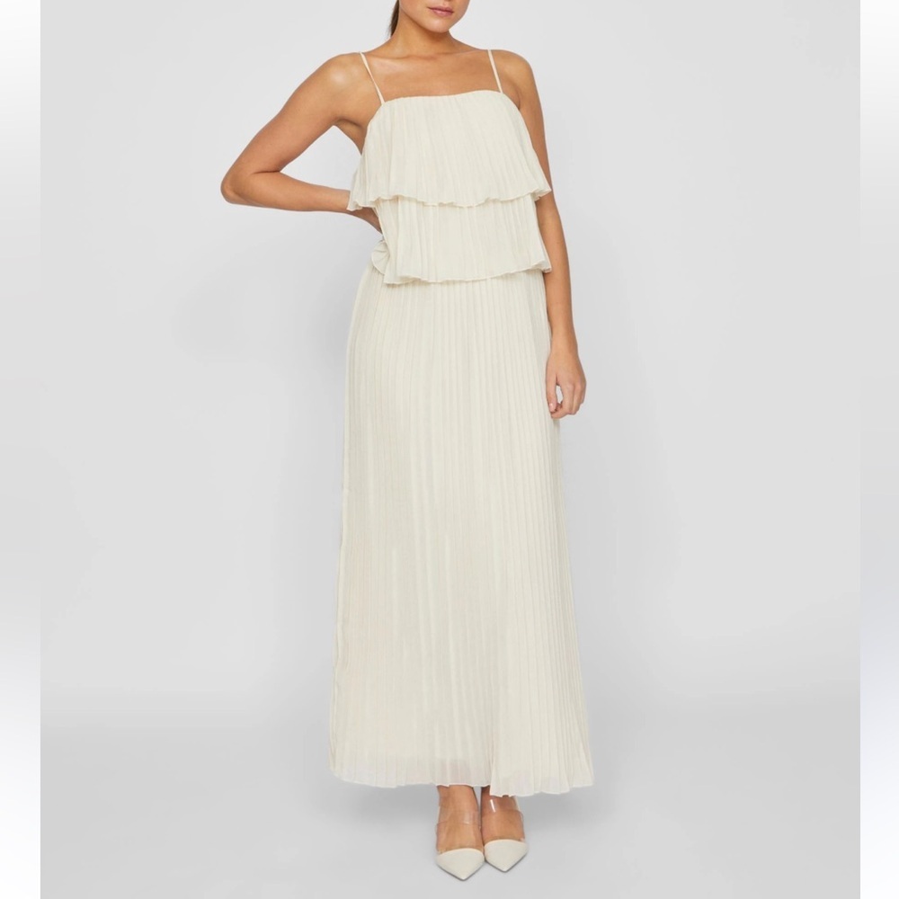 VILA Cream Chiffon Pleated Maxi Dress NEW